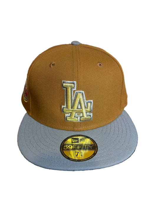 New Era LA Dodgers 59FIFTY Fitted Hat 7 5/8 Brown Grey 50th Anniversary Patch