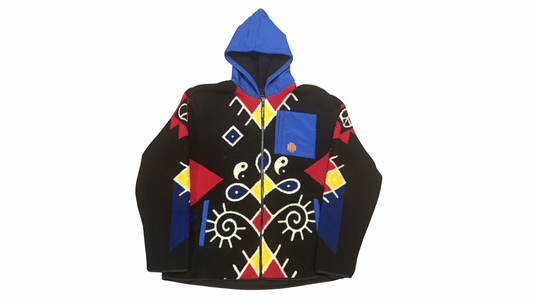 Reason Black Geometric Tribal Fleece Zip-Up Hoodie – Multi-Color Graphic Sherpa Jacket