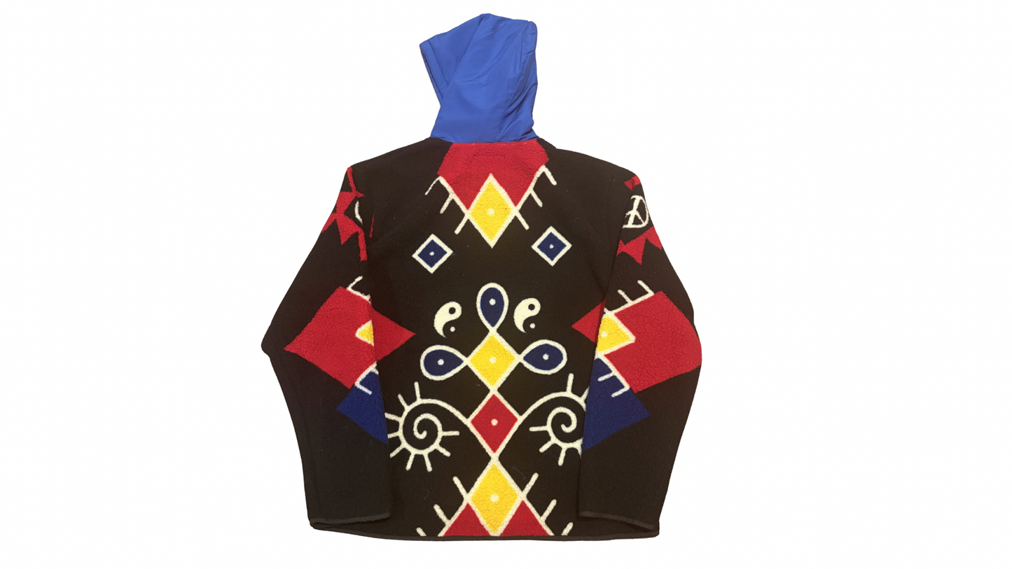 Reason Black Geometric Tribal Fleece Zip-Up Hoodie – Multi-Color Graphic Sherpa Jacket